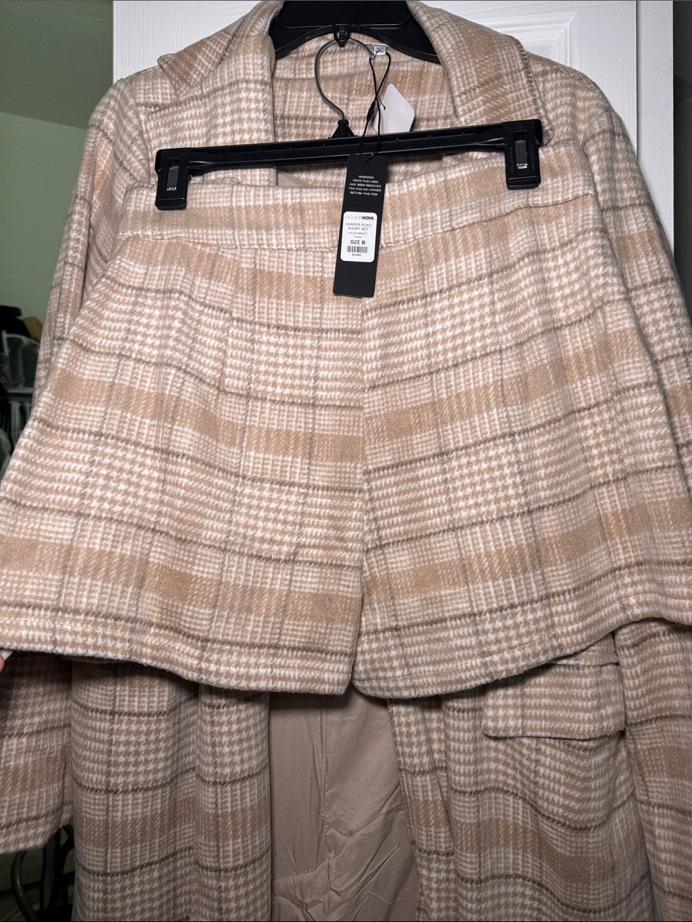 Fashion Nova Beige Plaid Long Coat Jumpsuit Set - Picture 2 of 5